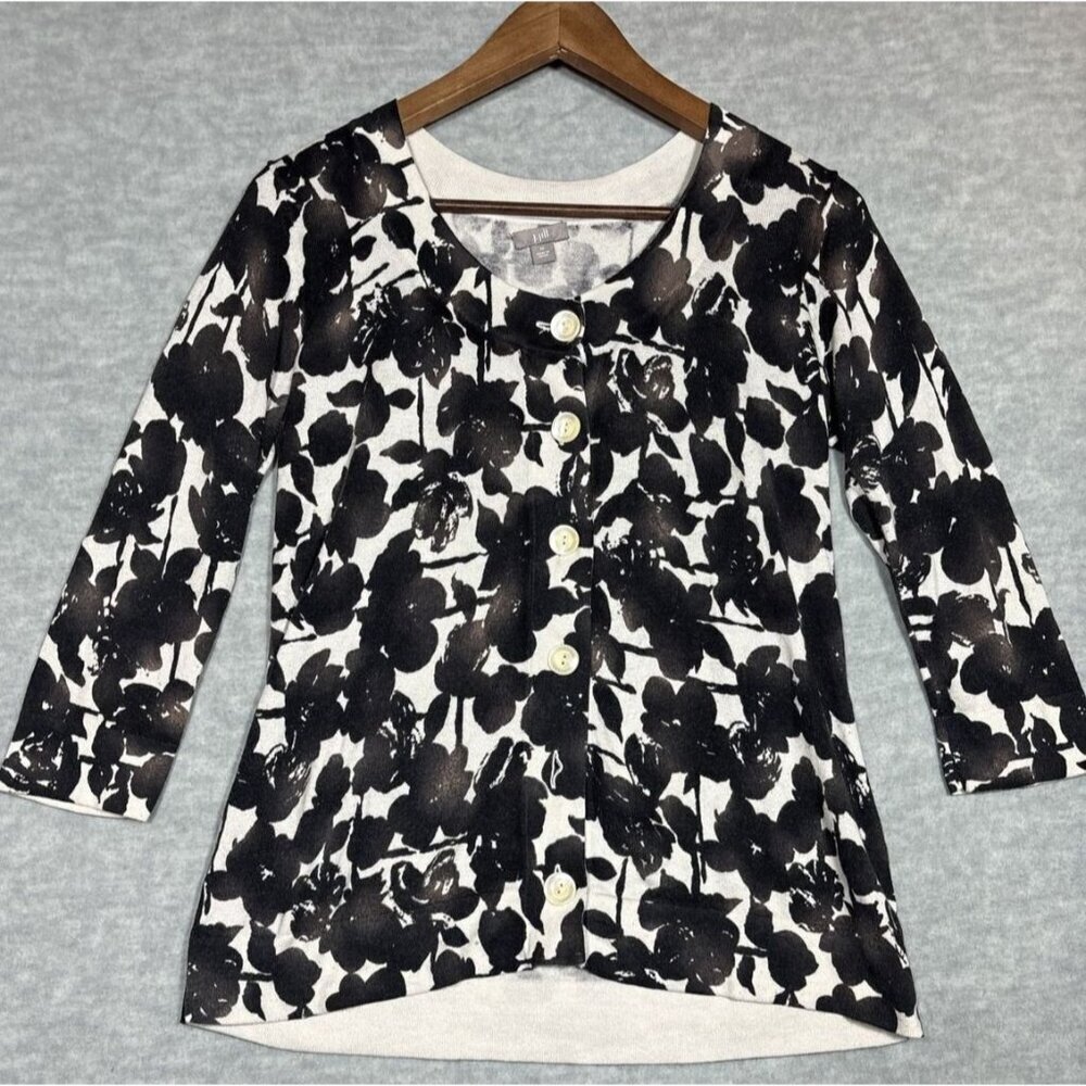 J Jill Womens Cardigan Sweater M Silk Cashmere Blend Black Floral Casual Elegant